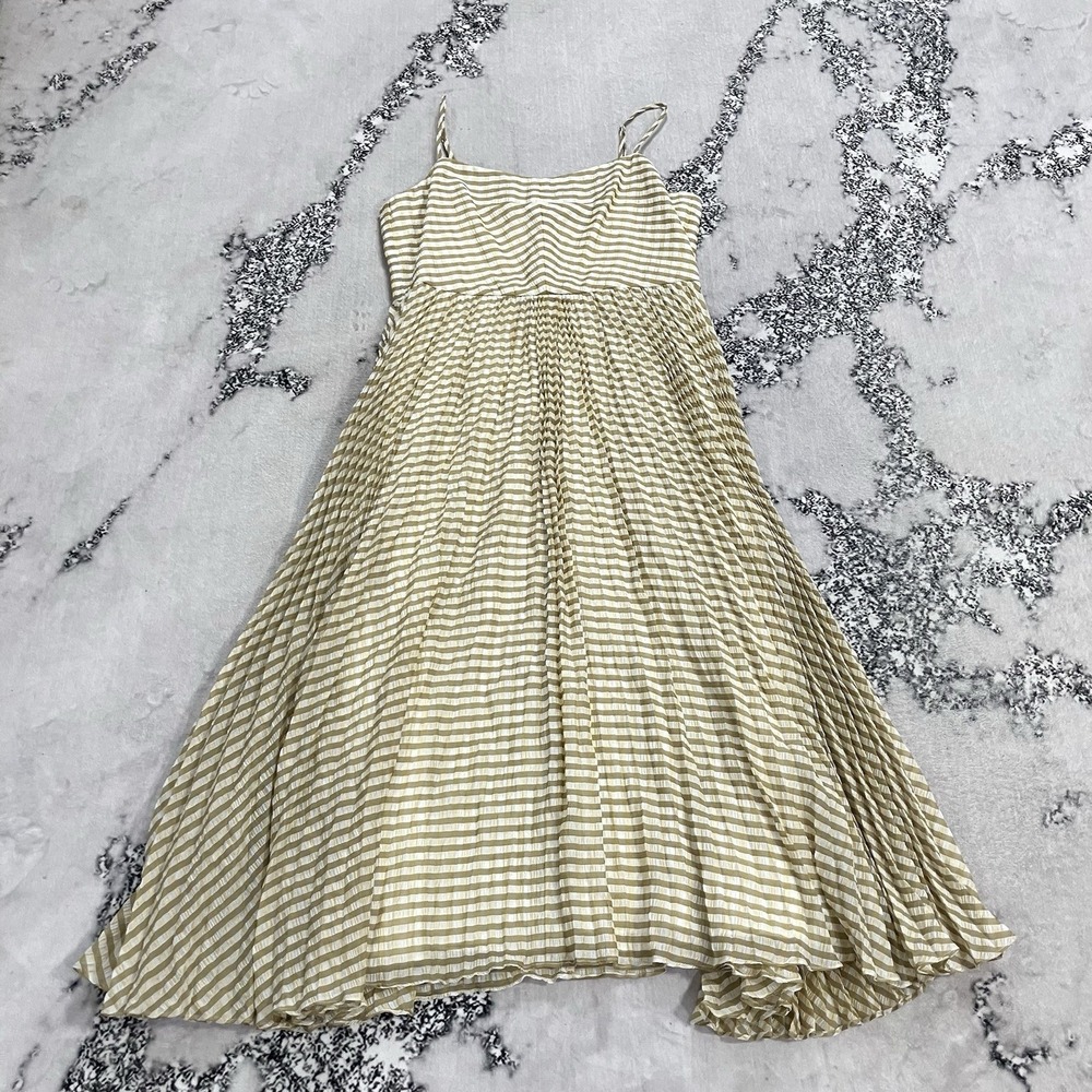 J.Crew Womens Size 14 Beige White Striped Pleated Midi Dress Spaghetti Strap‎